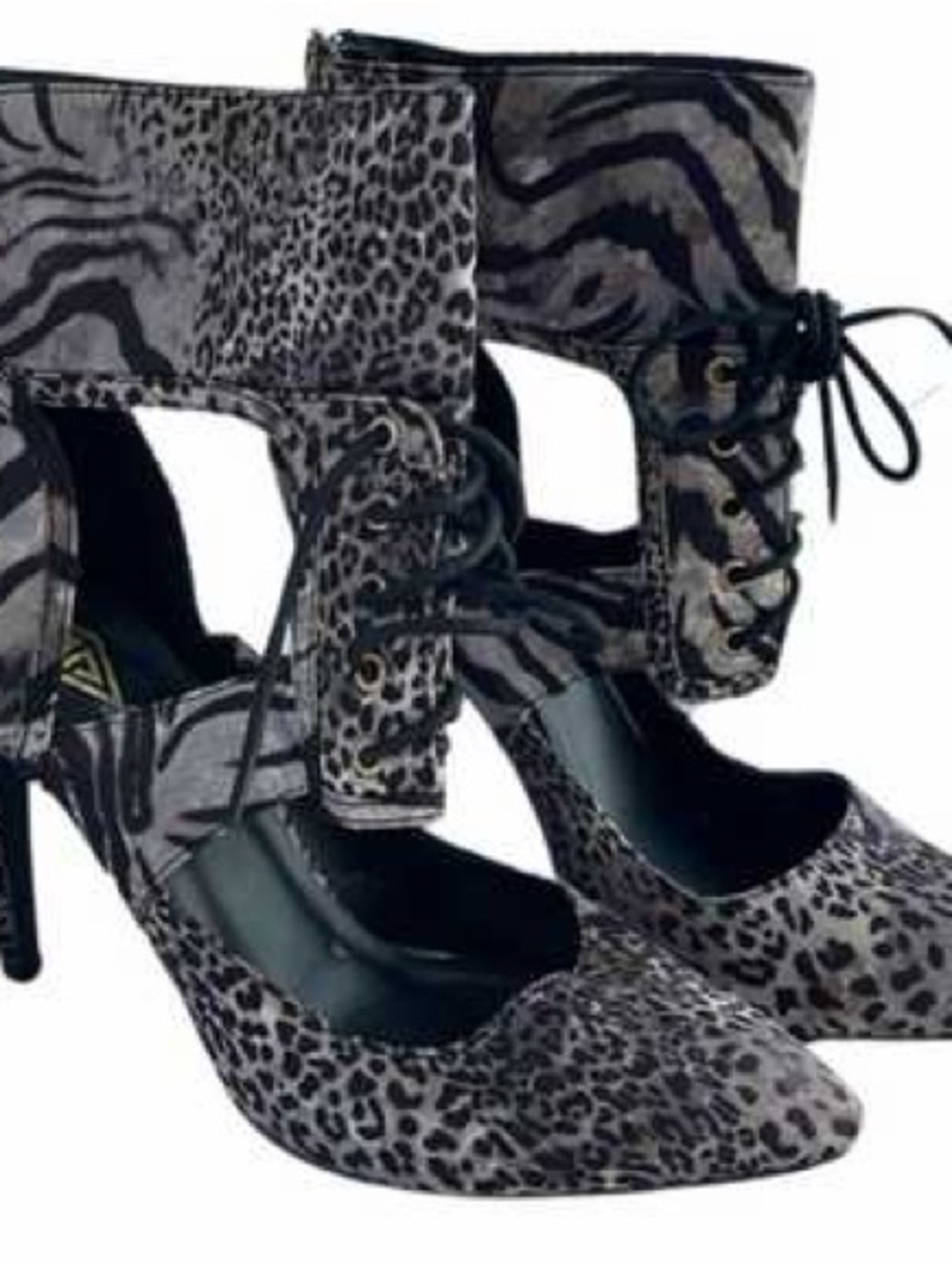 Athena Gray and Black Animal-Print Lace-Up Cutout Heels